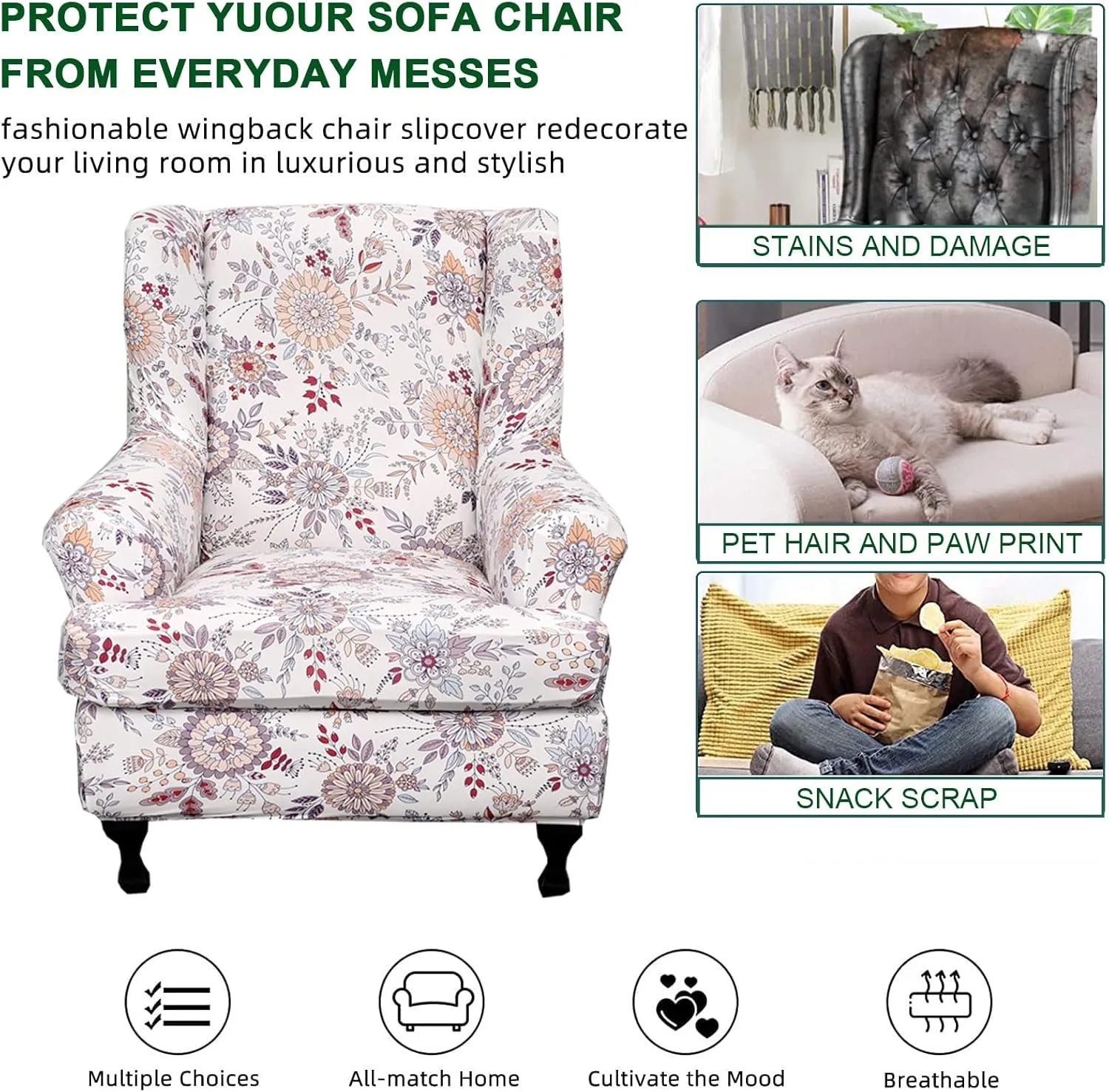 CRFATOP 2 Piece Stretch Wingback Chair Cover Printed Wing Chair Slipcovers Spandex Fabric Wingback Armchair Covers with Elastic Bottom for Living Room Bedroom Wingback Chair,A01