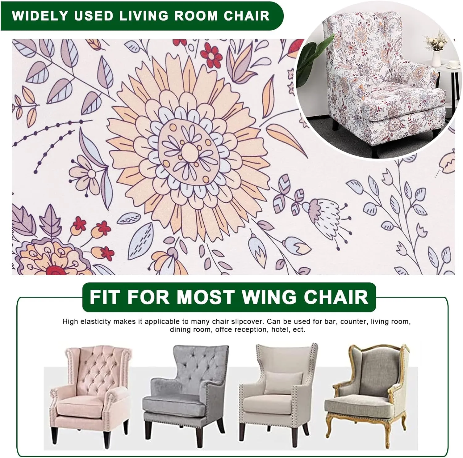 CRFATOP 2 Piece Stretch Wingback Chair Cover Printed Wing Chair Slipcovers Spandex Fabric Wingback Armchair Covers with Elastic Bottom for Living Room Bedroom Wingback Chair,A01