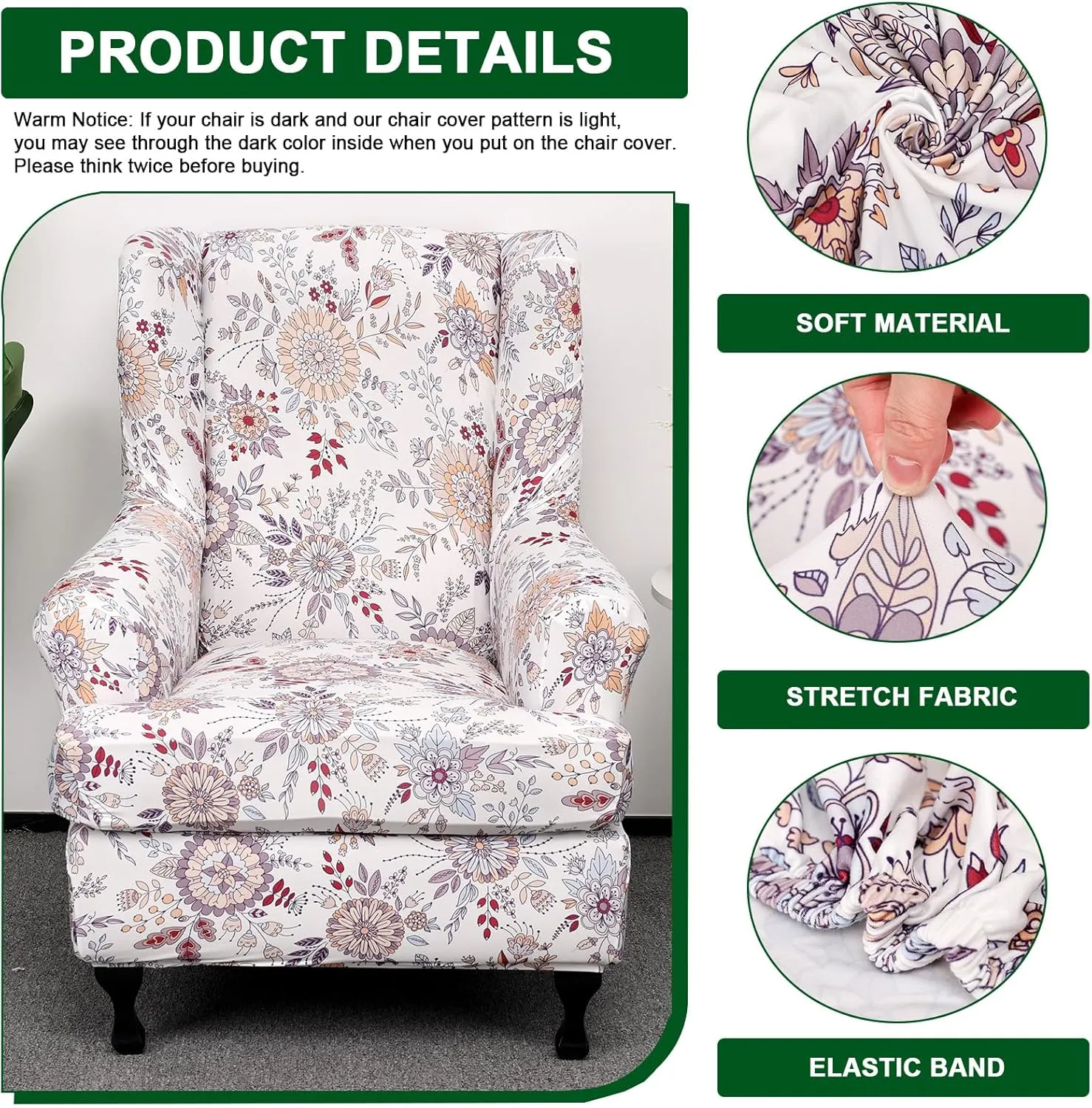CRFATOP 2 Piece Stretch Wingback Chair Cover Printed Wing Chair Slipcovers Spandex Fabric Wingback Armchair Covers with Elastic Bottom for Living Room Bedroom Wingback Chair,A01