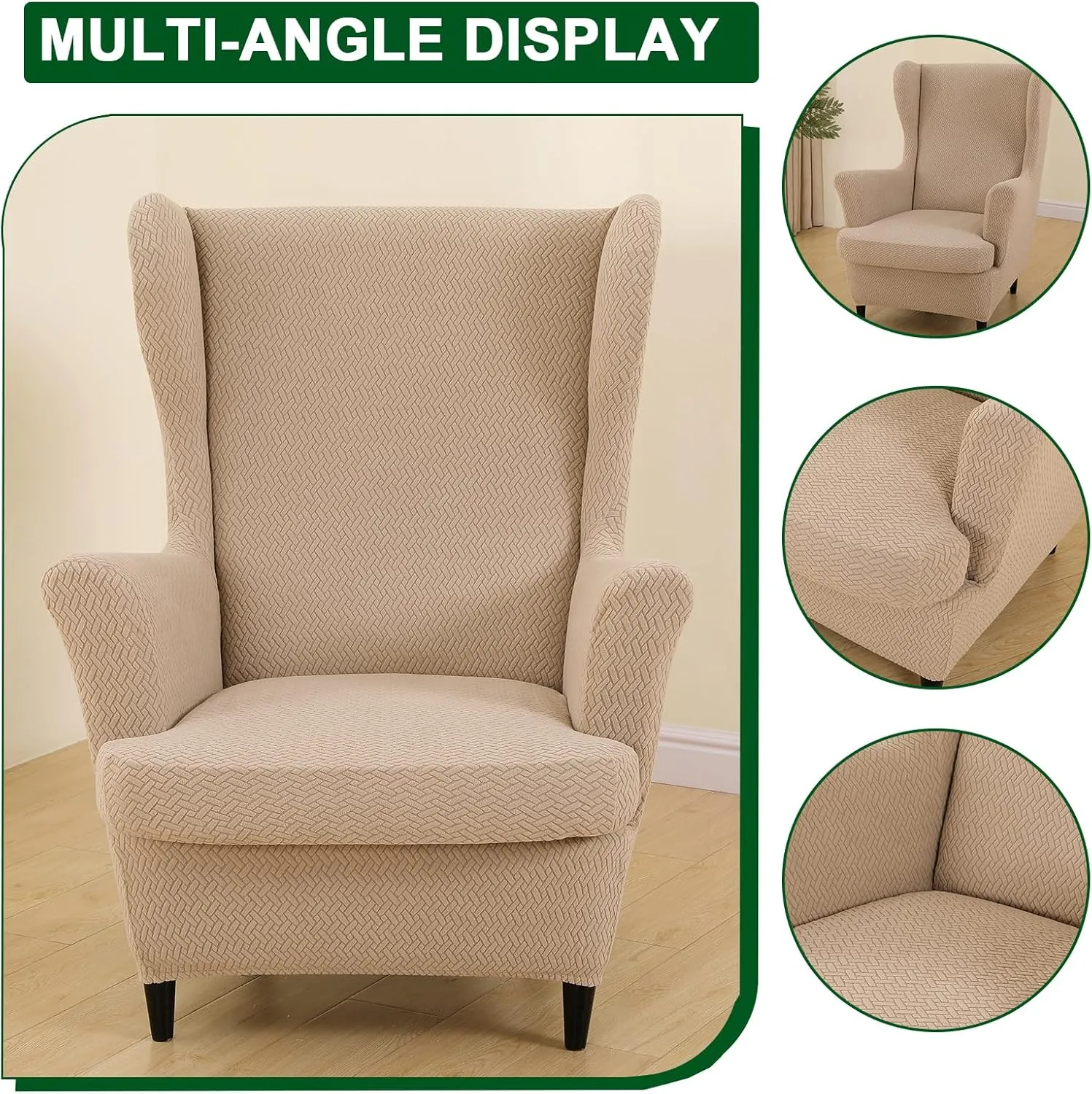 CRFATOP Jacquard Wing Chair Slipcovers 2 Piece Stretch Wingback Chair Cover Spandex Wing Back Armchair Covers Furniture Protector with Side Pocket for Living Room Bedroom Wingback Chair,Caramel