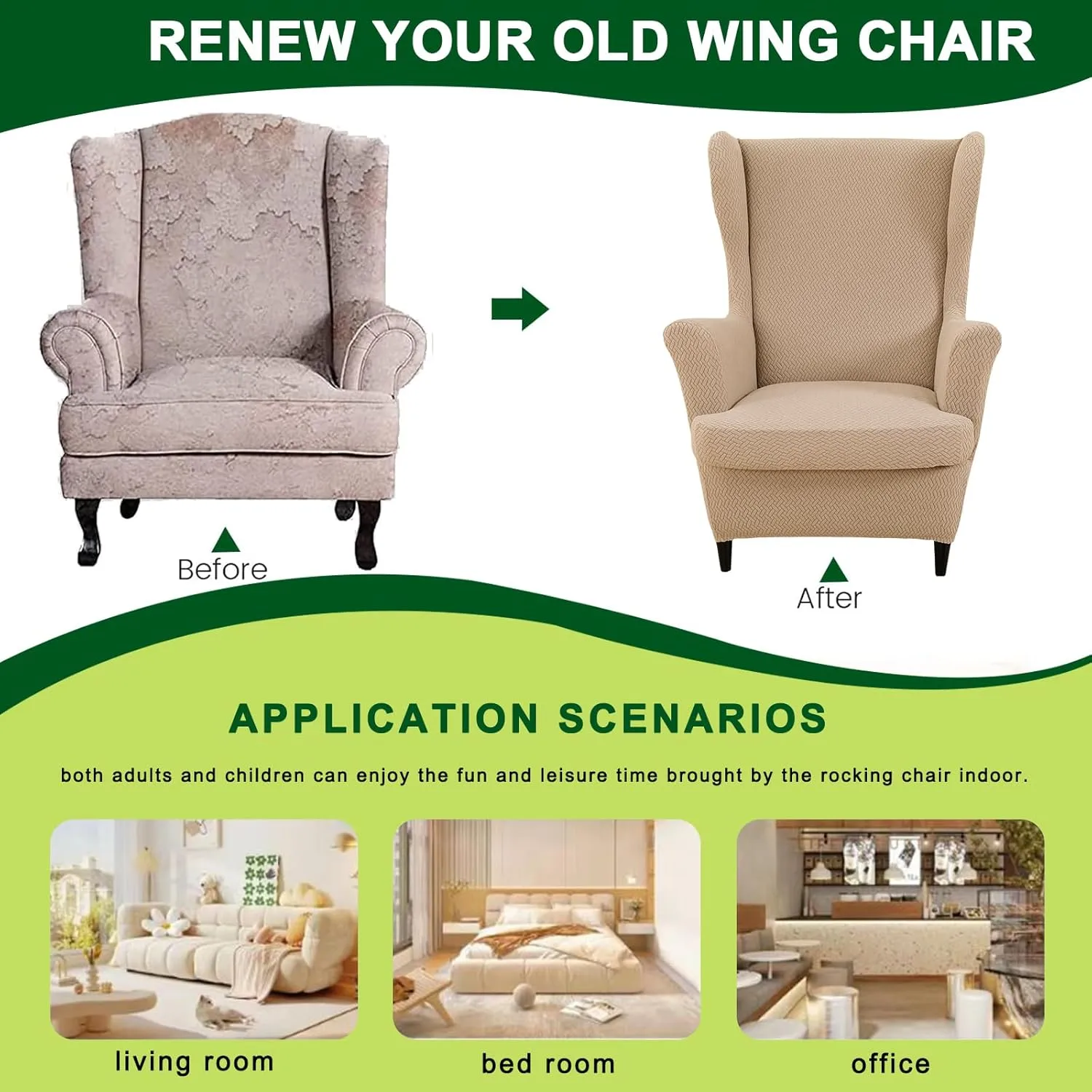 CRFATOP Jacquard Wing Chair Slipcovers 2 Piece Stretch Wingback Chair Cover Spandex Wing Back Armchair Covers Furniture Protector with Side Pocket for Living Room Bedroom Wingback Chair,Caramel