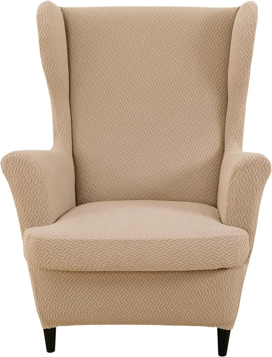CRFATOP Jacquard Wing Chair Slipcovers 2 Piece Stretch Wingback Chair Cover Spandex Wing Back Armchair Covers Furniture Protector with Side Pocket for Living Room Bedroom Wingback Chair,Caramel