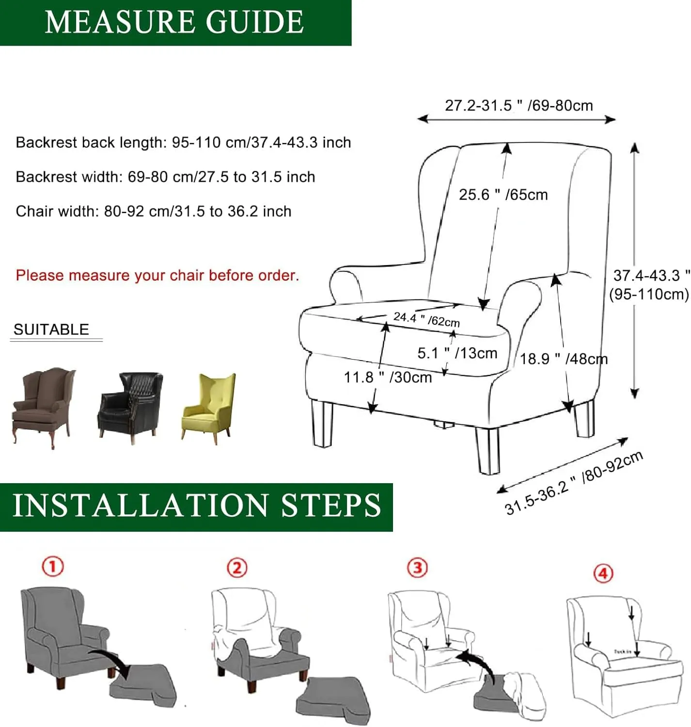 CRFATOP Jacquard Wing Chair Slipcovers 2 Piece Stretch Wingback Chair Cover Spandex Wing Back Armchair Covers Furniture Protector with Side Pocket for Living Room Bedroom Wingback Chair,Caramel