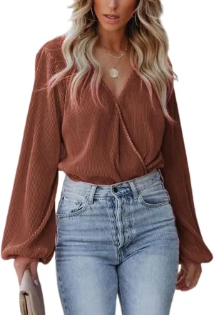 CUPSHE Women Long Lantern Sleeve Shirts Tops Dressy Casual Loose Fit V Neck Blouses