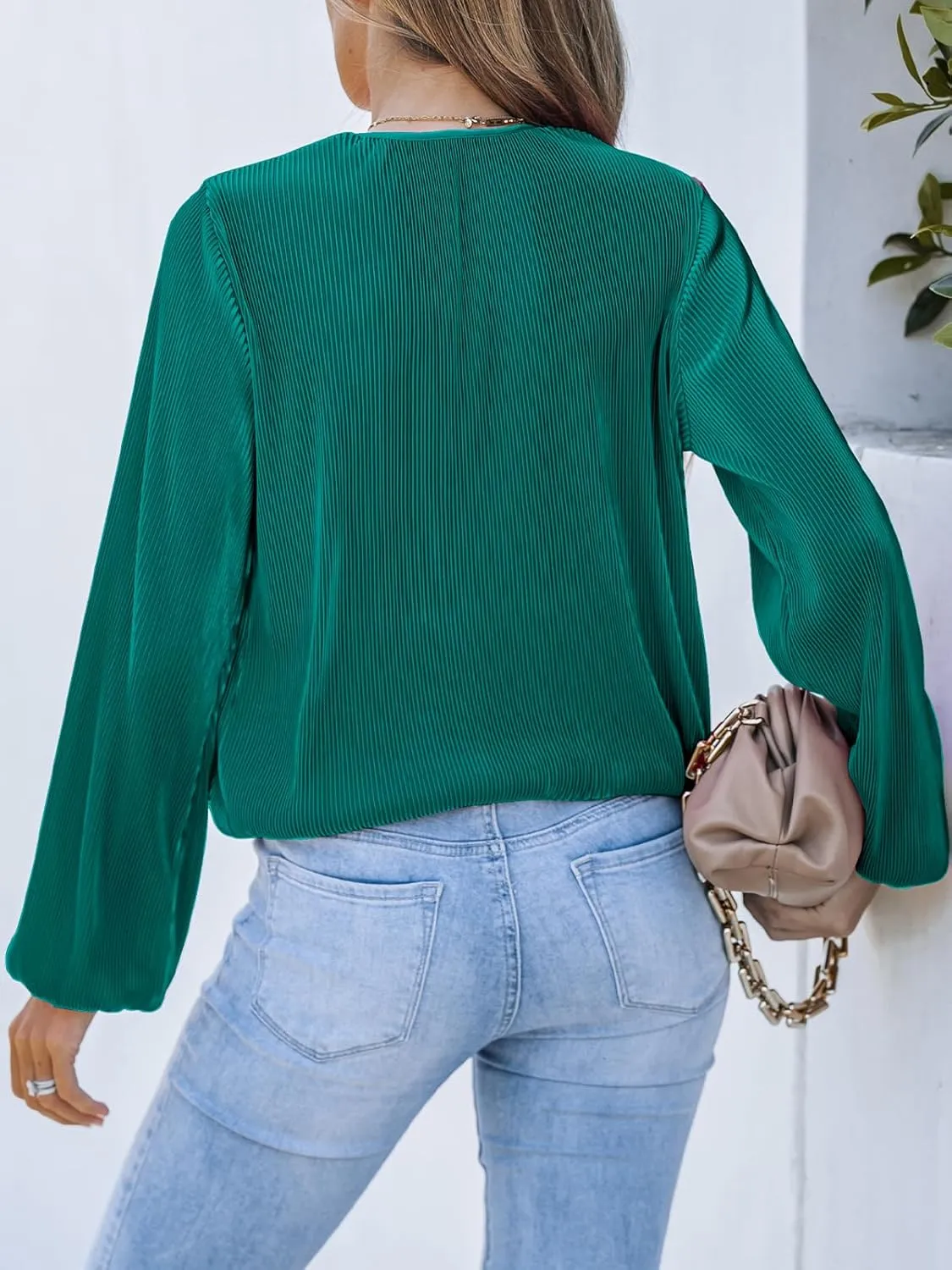 CUPSHE Women Long Lantern Sleeve Shirts Tops Dressy Casual Loose Fit V Neck Blouses