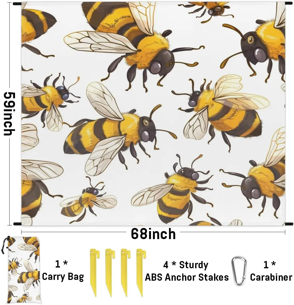 Cute Bee Beach Blanket, Sandproof Beach Mat, Adults Waterproof Quick Drying Sand Free Mat with 4 x Ground Spikes for Outdoor Travel Camping Hiking, Honey Bees