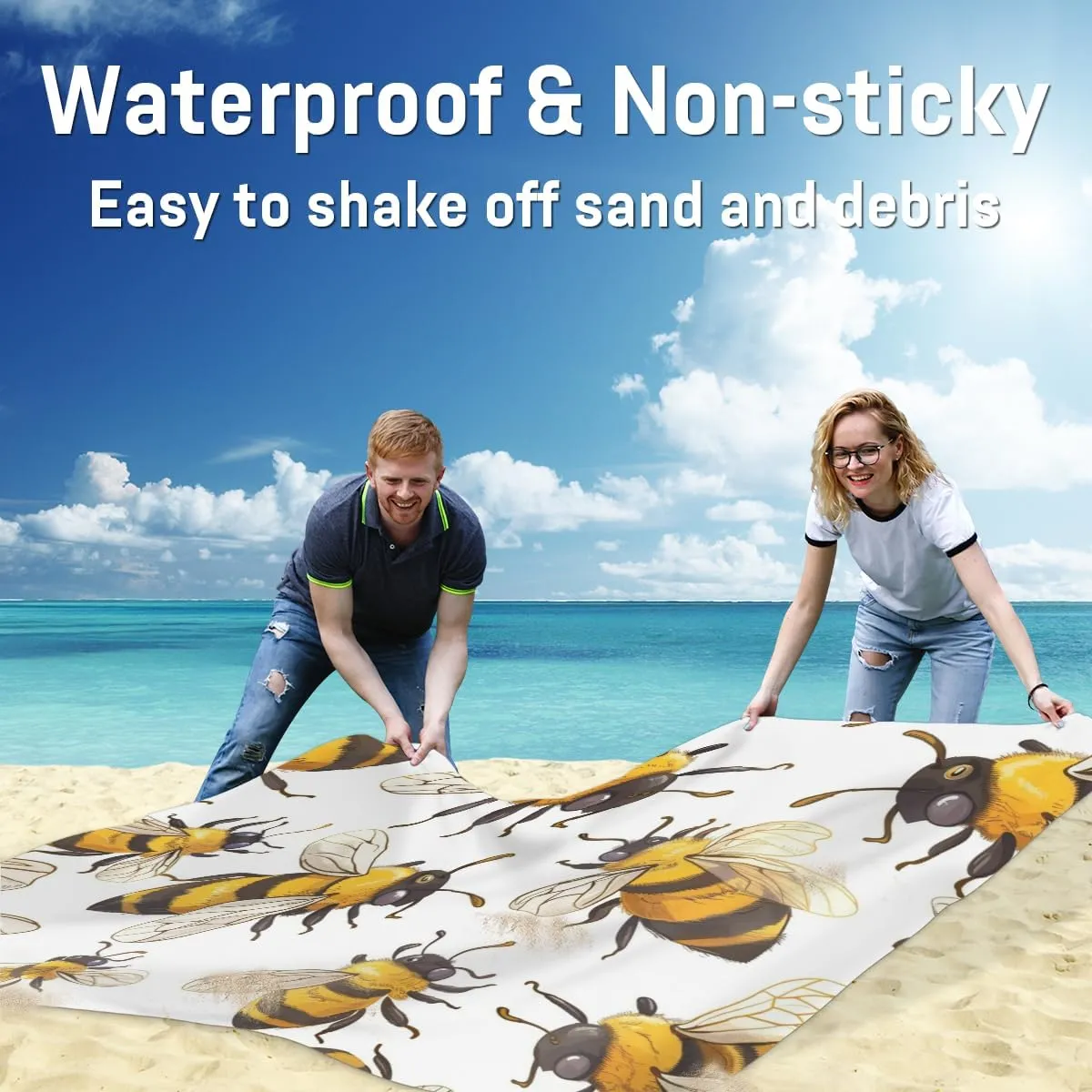 Cute Bee Beach Blanket, Sandproof Beach Mat, Adults Waterproof Quick Drying Sand Free Mat with 4 x Ground Spikes for Outdoor Travel Camping Hiking, Honey Bees