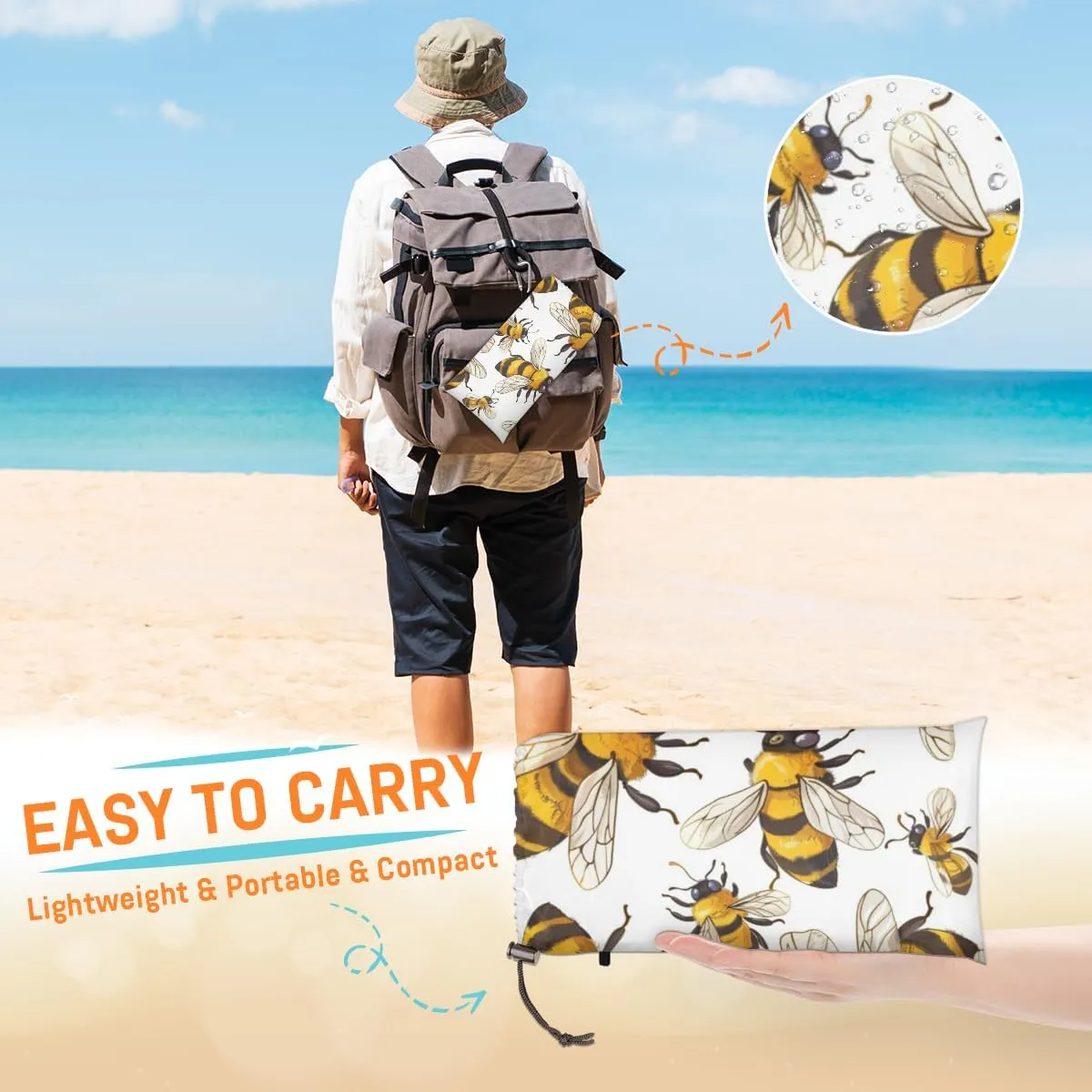 Cute Bee Beach Blanket, Sandproof Beach Mat, Adults Waterproof Quick Drying Sand Free Mat with 4 x Ground Spikes for Outdoor Travel Camping Hiking, Honey Bees