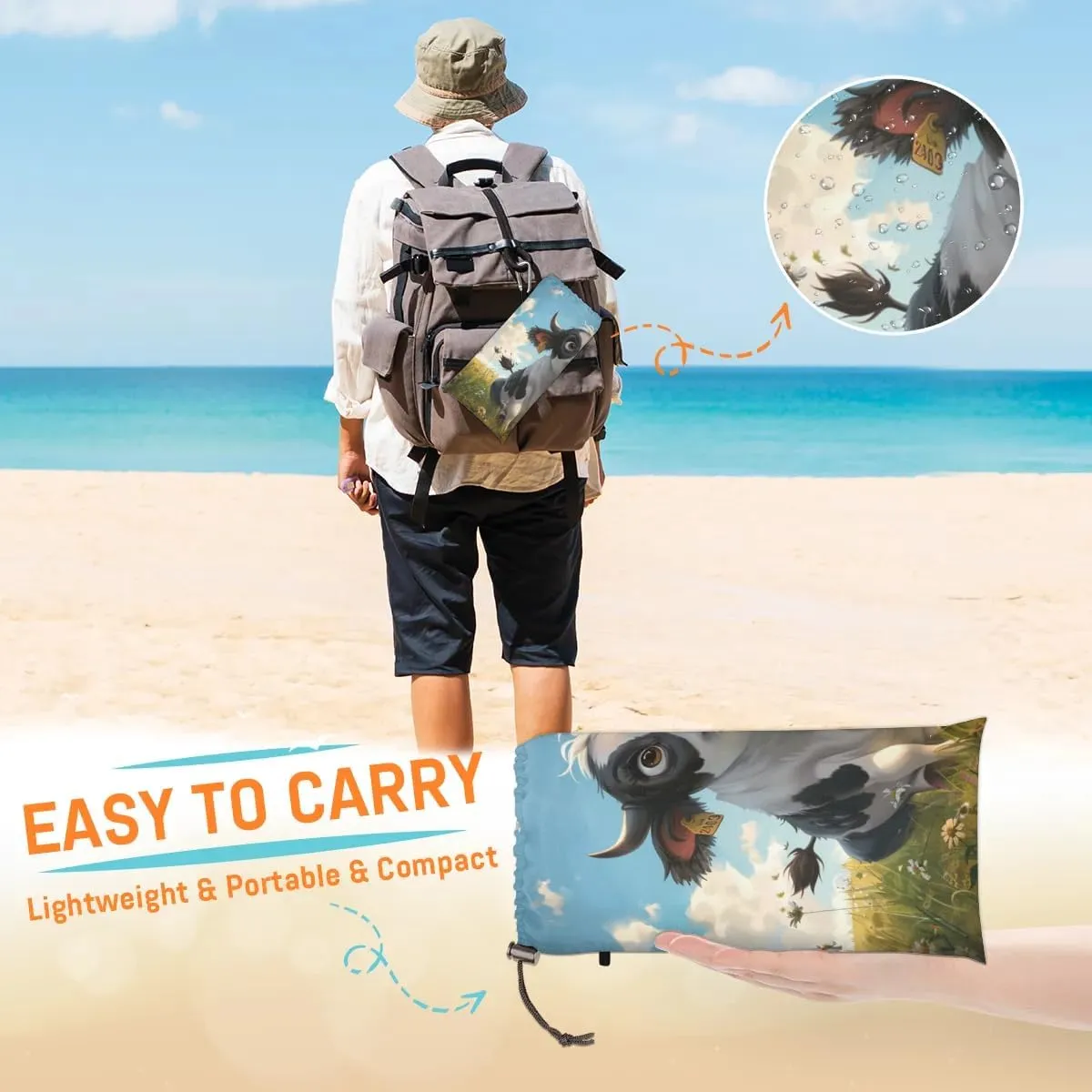 Cute Cow Beach Blanket, Sandproof Beach Mat, Adults Waterproof Quick Drying Sand Free Mat with 4 x Ground Spikes for Outdoor Travel Camping Hiking, Cartoon Cow