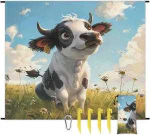 Cute Cow Beach Blanket, Sandproof Beach Mat, Adults Waterproof Quick Drying Sand Free Mat with 4 x Ground Spikes for Outdoor Travel Camping Hiking, Cartoon Cow