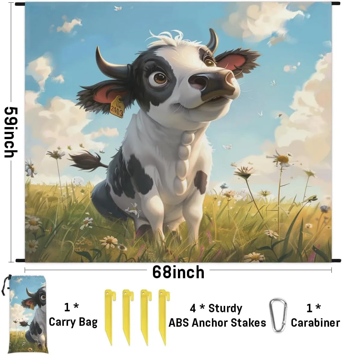 Cute Cow Beach Blanket, Sandproof Beach Mat, Adults Waterproof Quick Drying Sand Free Mat with 4 x Ground Spikes for Outdoor Travel Camping Hiking, Cartoon Cow