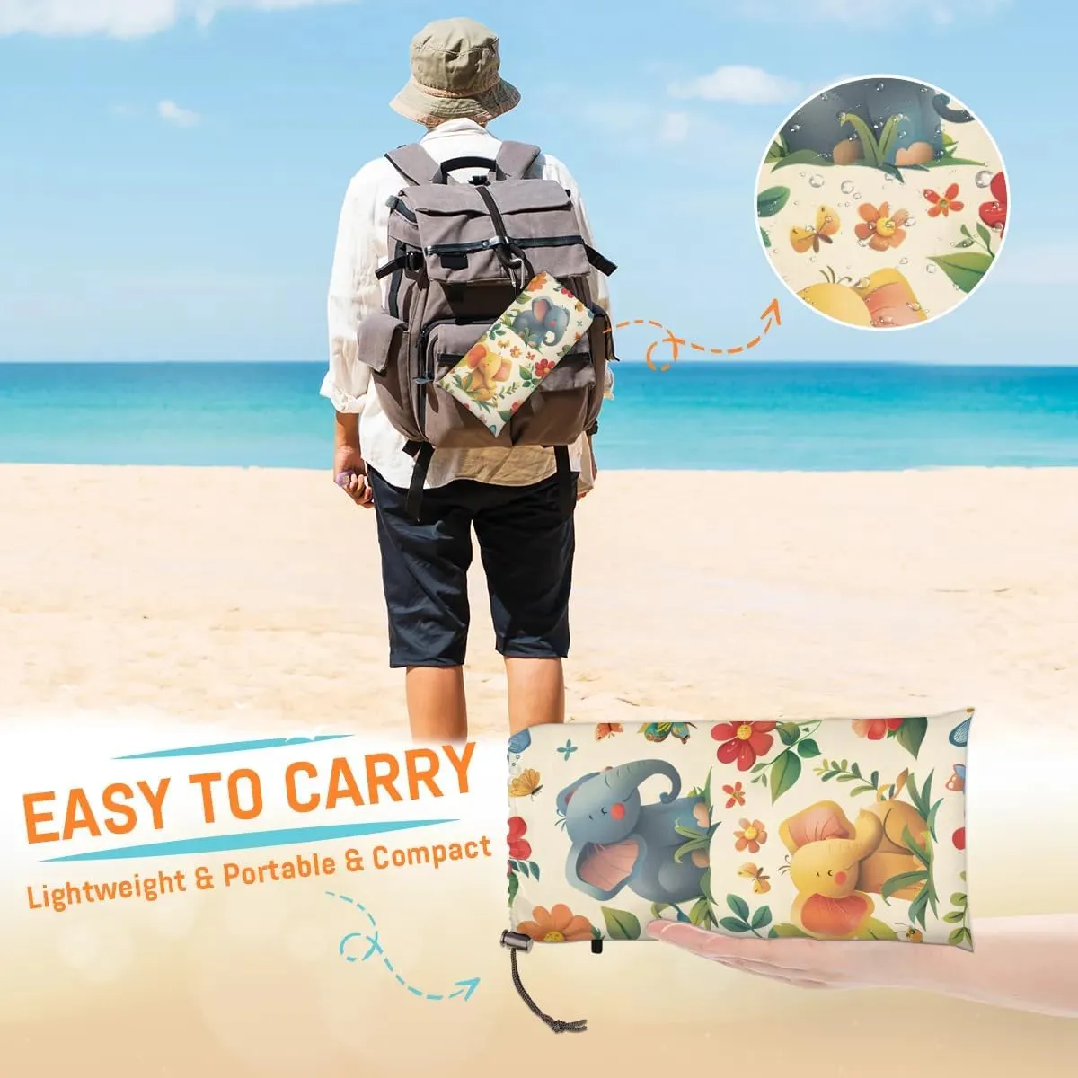 Cute Elephant Beach Blanket, Sandproof Beach Mat, 68 x 59 Waterproof Quick Drying Sand Free Mat with 4 x Ground Spikes for Outdoor Travel Camping Hiking, Elephant Floral