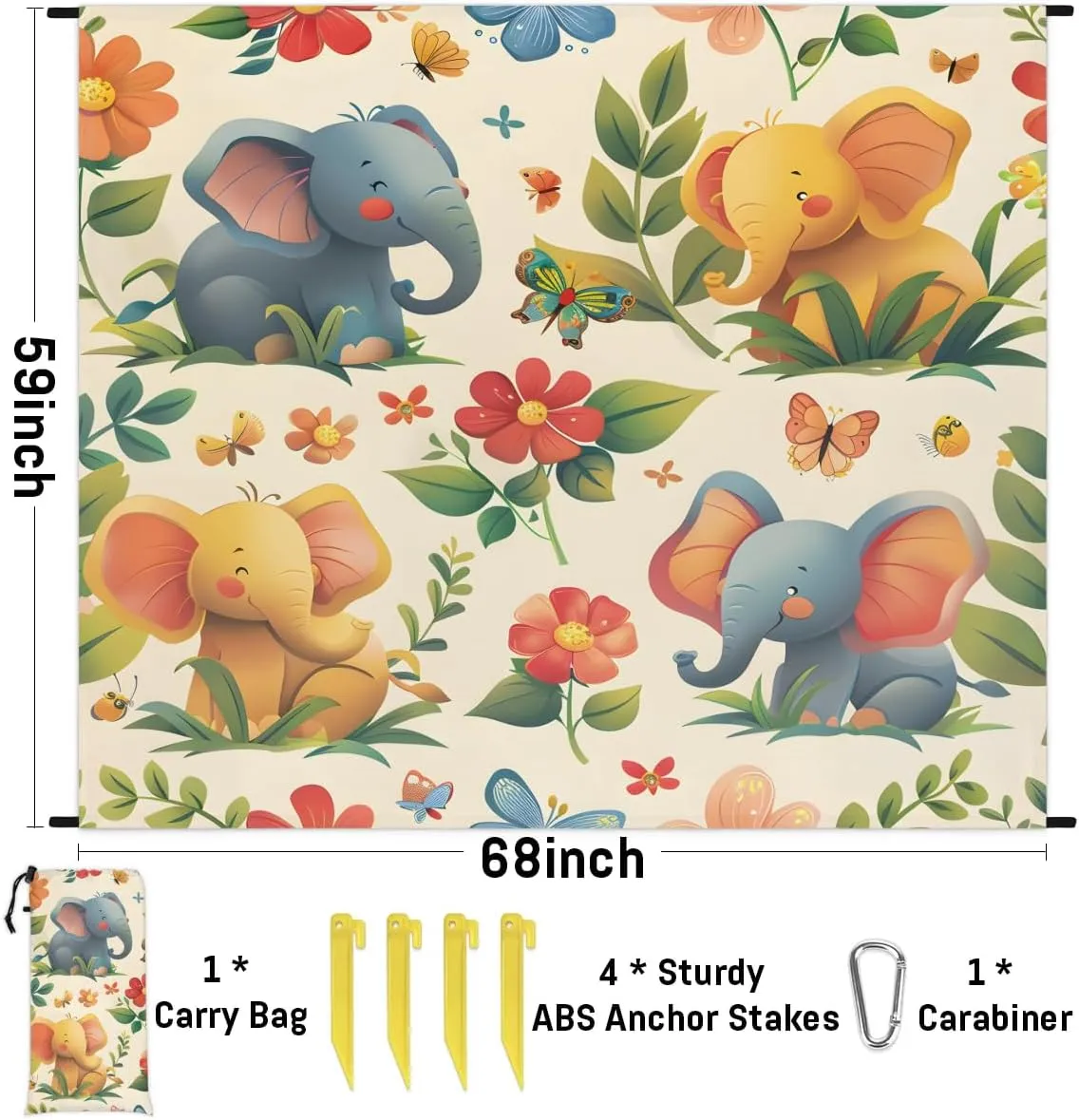 Cute Elephant Beach Blanket, Sandproof Beach Mat, 68 x 59 Waterproof Quick Drying Sand Free Mat with 4 x Ground Spikes for Outdoor Travel Camping Hiking, Elephant Floral