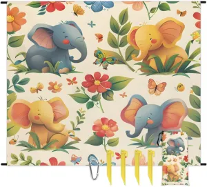 Cute Elephant Beach Blanket, Sandproof Beach Mat, 68 x 59 Waterproof Quick Drying Sand Free Mat with 4 x Ground Spikes for Outdoor Travel Camping Hiking, Elephant Floral
