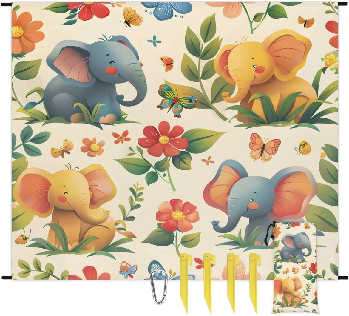 Cute Elephant Beach Blanket, Sandproof Beach Mat, 68 x 59 Waterproof Quick Drying Sand Free Mat with 4 x Ground Spikes for Outdoor Travel Camping Hiking, Elephant Floral