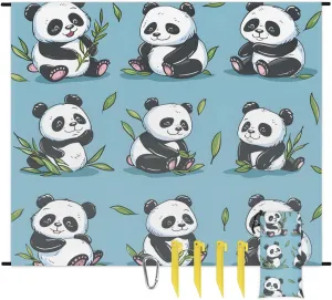 Cute Panda Beach Blanket, Sandproof Beach Mat, 68 x 59 Waterproof Quick Drying Sand Free Mat with 4 x Ground Spikes for Outdoor Travel Camping Hiking, Funny Panda