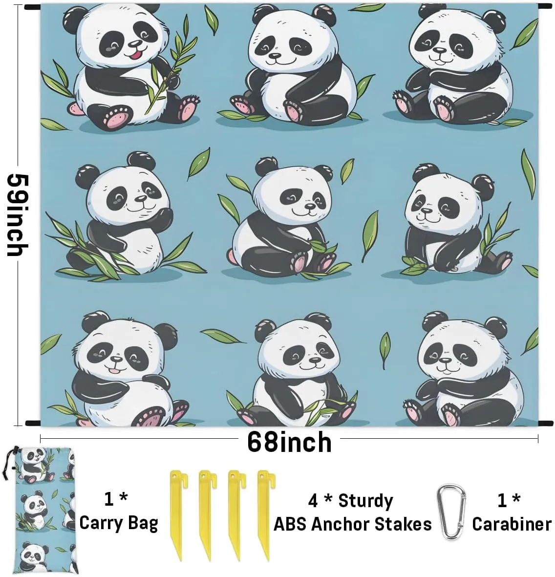 Cute Panda Beach Blanket, Sandproof Beach Mat, 68 x 59 Waterproof Quick Drying Sand Free Mat with 4 x Ground Spikes for Outdoor Travel Camping Hiking, Funny Panda