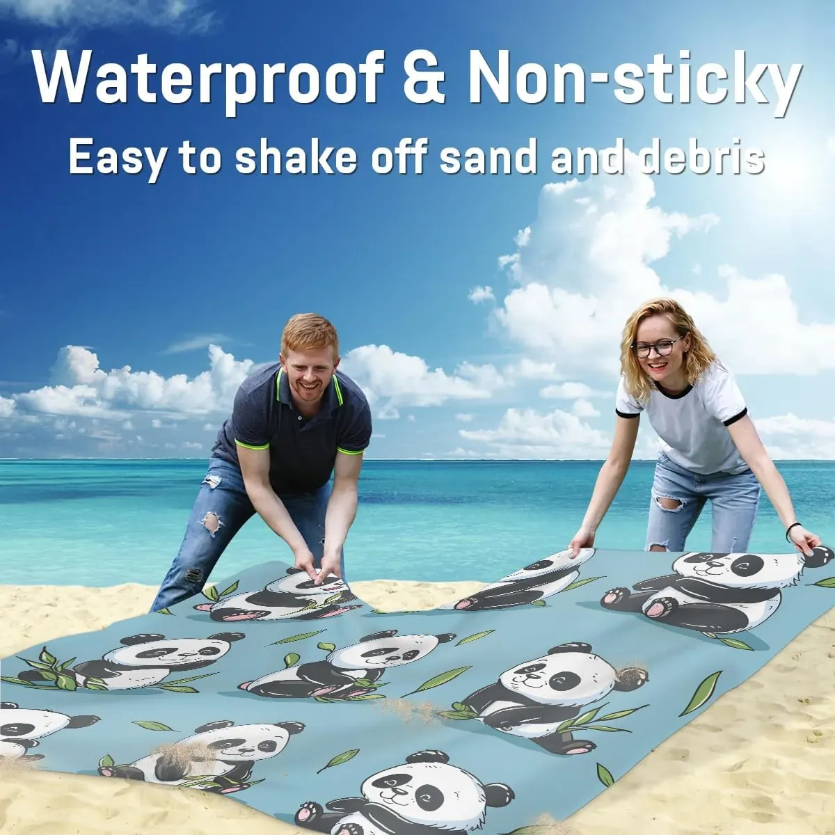 Cute Panda Beach Blanket, Sandproof Beach Mat, 68 x 59 Waterproof Quick Drying Sand Free Mat with 4 x Ground Spikes for Outdoor Travel Camping Hiking, Funny Panda