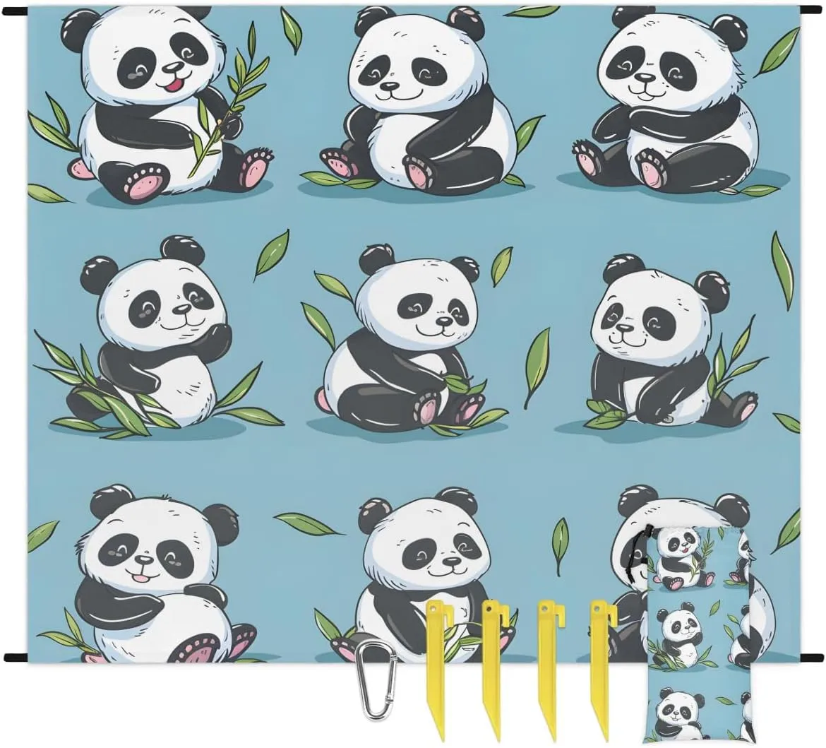 Cute Panda Beach Blanket, Sandproof Beach Mat, 68 x 59 Waterproof Quick Drying Sand Free Mat with 4 x Ground Spikes for Outdoor Travel Camping Hiking, Funny Panda