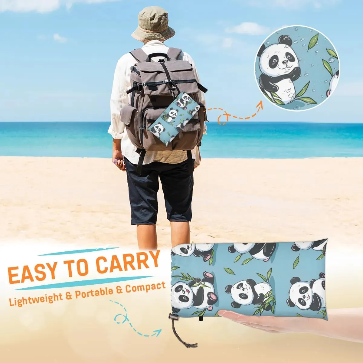 Cute Panda Beach Blanket, Sandproof Beach Mat, 68 x 59 Waterproof Quick Drying Sand Free Mat with 4 x Ground Spikes for Outdoor Travel Camping Hiking, Funny Panda