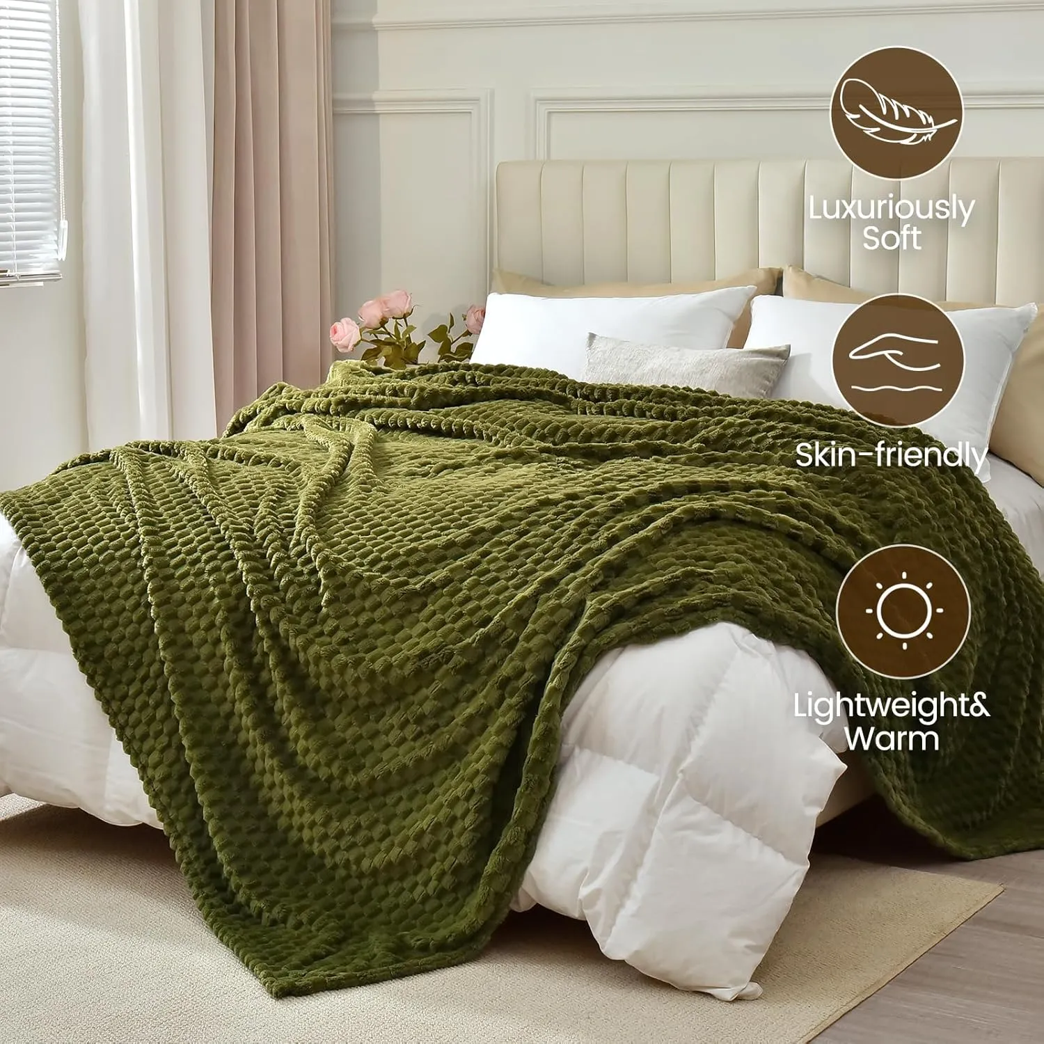 David's Home Ultra Soft Fleece Blanket Queen Size, Warm Lightweight 3D Jacquard Flannel Blanket for Fall Winter, Fluffy Cozy Luxury Plush Suitable for Bed Room Decor,90"x90", Oliva Green