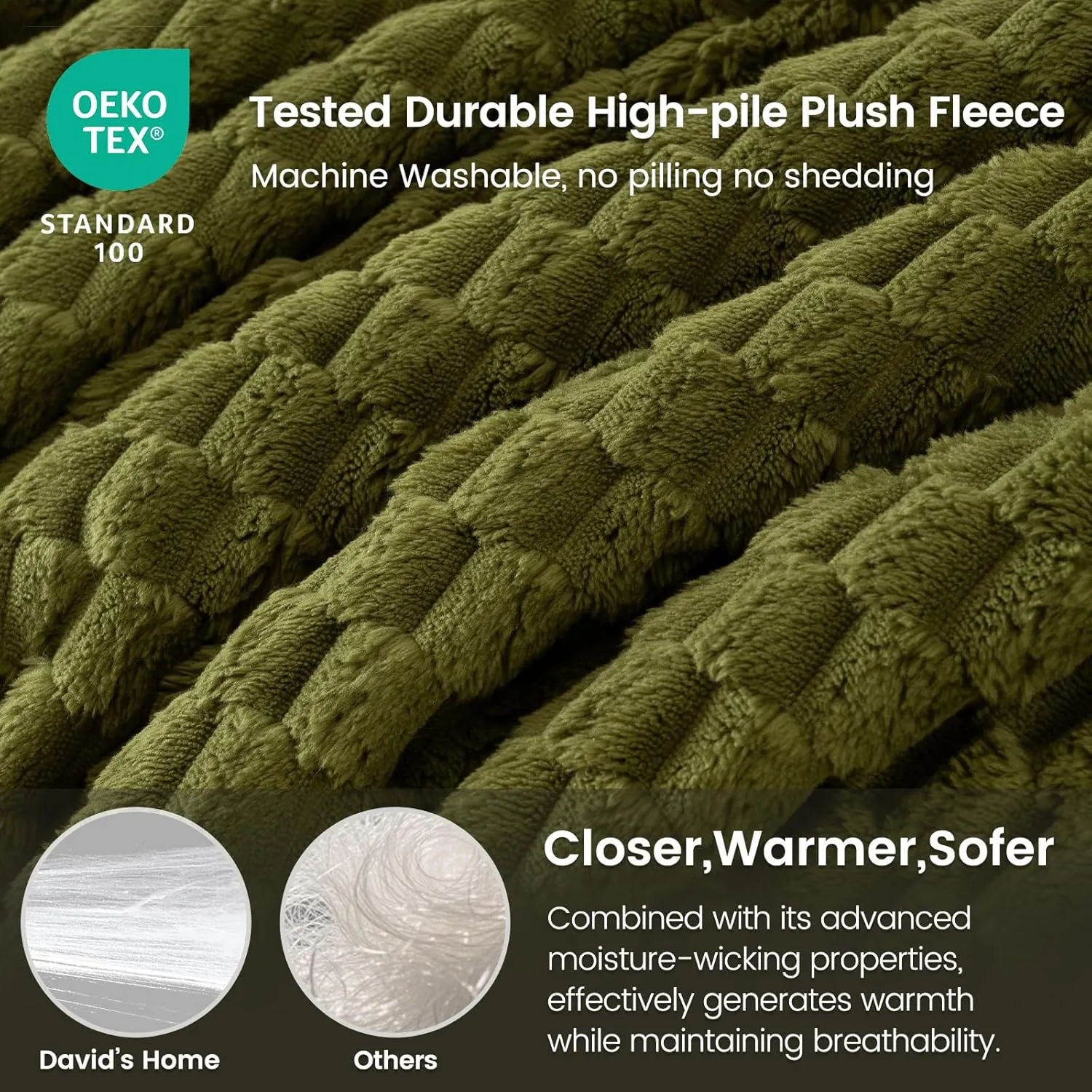 David's Home Ultra Soft Fleece Blanket Queen Size, Warm Lightweight 3D Jacquard Flannel Blanket for Fall Winter, Fluffy Cozy Luxury Plush Suitable for Bed Room Decor,90"x90", Oliva Green