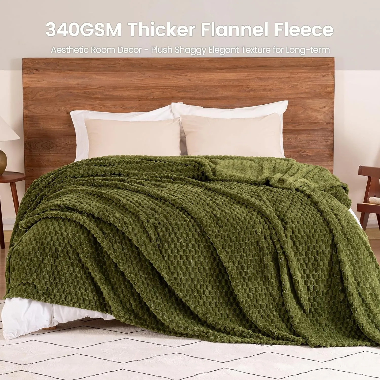 David's Home Ultra Soft Fleece Blanket Queen Size, Warm Lightweight 3D Jacquard Flannel Blanket for Fall Winter, Fluffy Cozy Luxury Plush Suitable for Bed Room Decor,90"x90", Oliva Green