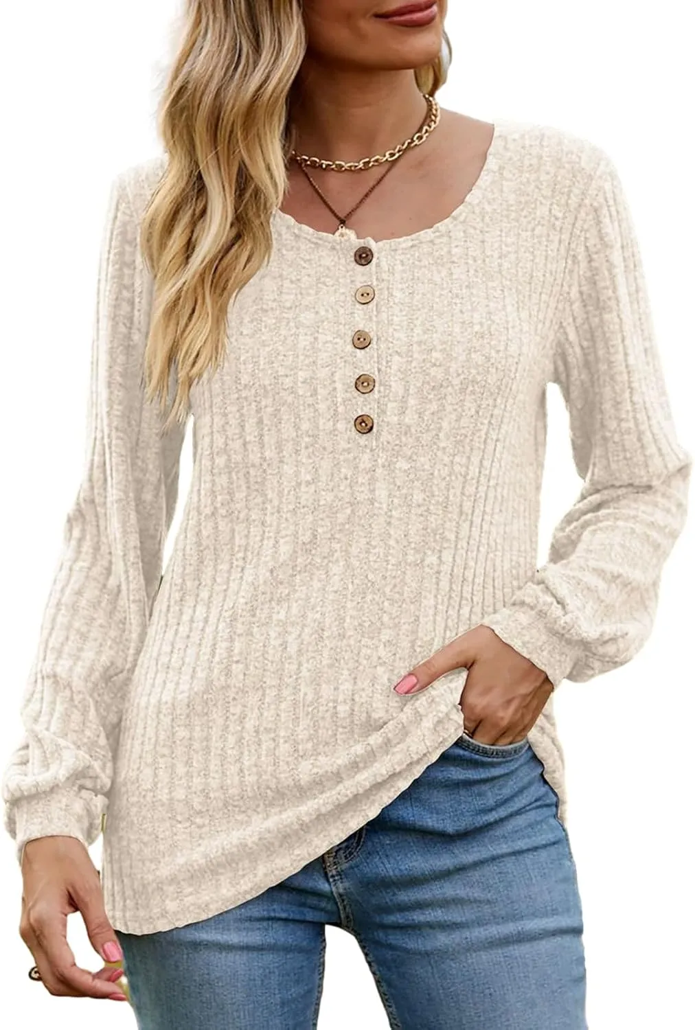 DB MOON Womens Lightweight Sweaters 2025 Long Sleeve Henley Shirt Fall Casual Crewneck Tunic Tops