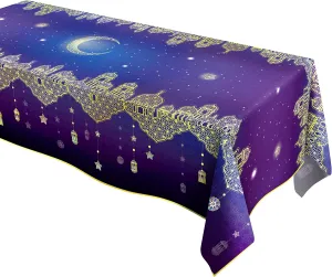 Decor365 9x5Ft Ramadan Tablecloth Islamic Table Cover for EID Party Decorations Islamic Wedding Birthday Home Decorations Crescent Moon Star Lantern Starry Night Sky Table Cloth Tablecover