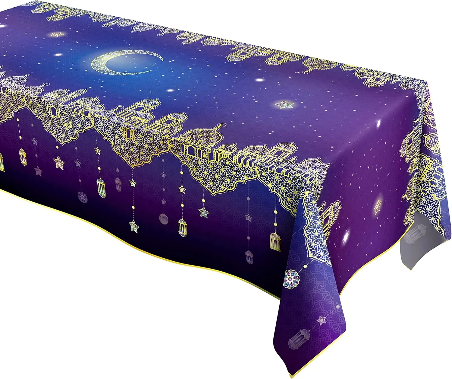 Decor365 9x5Ft Ramadan Tablecloth Islamic Table Cover for EID Party Decorations Islamic Wedding Birthday Home Decorations Crescent Moon Star Lantern Starry Night Sky Table Cloth Tablecover