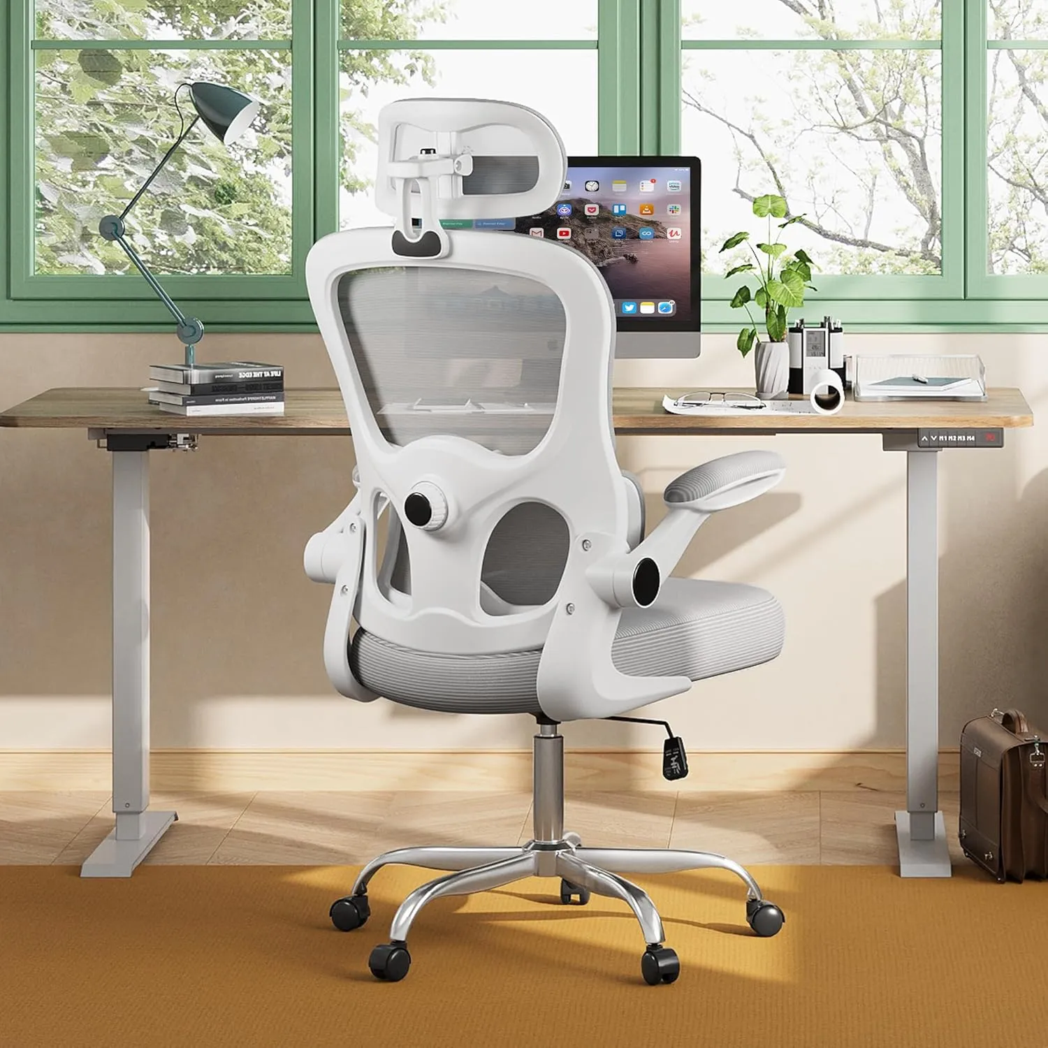 DEVAISE Ergonomic Mesh Office Chair with Lumbar Support, Swivel Comfy Home Office Chair with High Back, Flip-up Armrests with Breathable Mesh, White