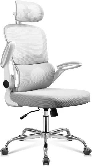 DEVAISE Ergonomic Mesh Office Chair with Lumbar Support, Swivel Comfy Home Office Chair with High Back, Flip-up Armrests with Breathable Mesh, White