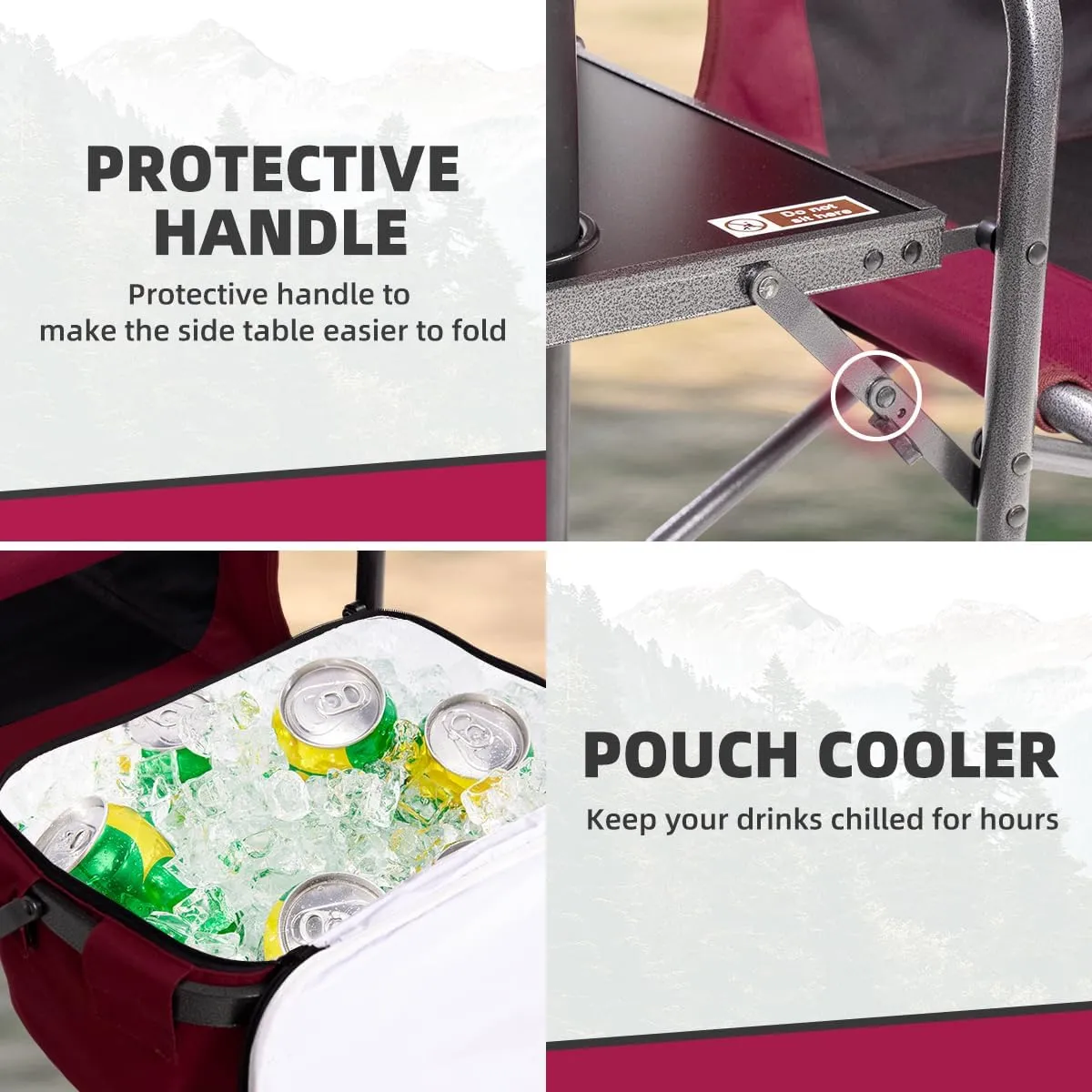 Director Camping Chair with Cooler Bag & Foldable Side Tray - 400lbs Heavy Duty Outdoor Folding Lawn Chair, Portable Camp Chair for Backyard, Fishing, Beach (Wine Red)