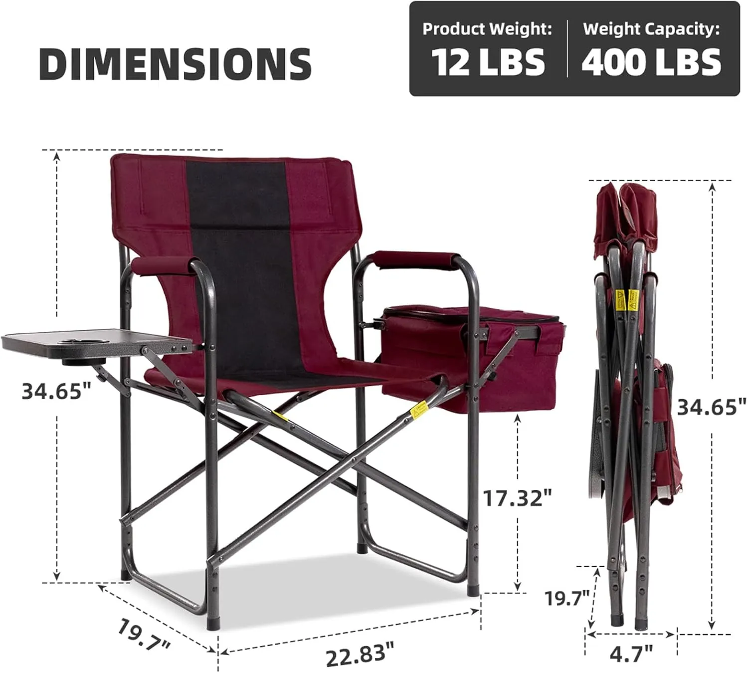 Director Camping Chair with Cooler Bag & Foldable Side Tray - 400lbs Heavy Duty Outdoor Folding Lawn Chair, Portable Camp Chair for Backyard, Fishing, Beach (Wine Red)