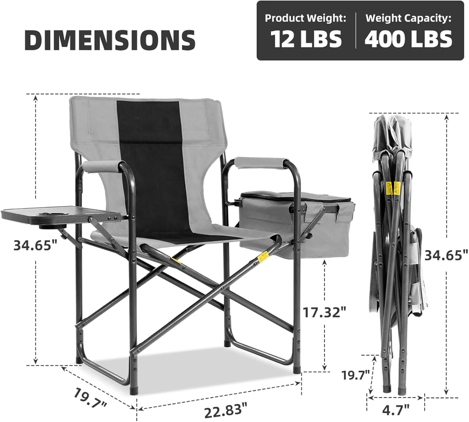 Director Camping Chair with Cooler Bag & Foldable Side Tray - 400lbs Heavy Duty Outdoor Folding Lawn Chair, Portable Camp Chair for Fishing/Backyard (Black & Gray)
