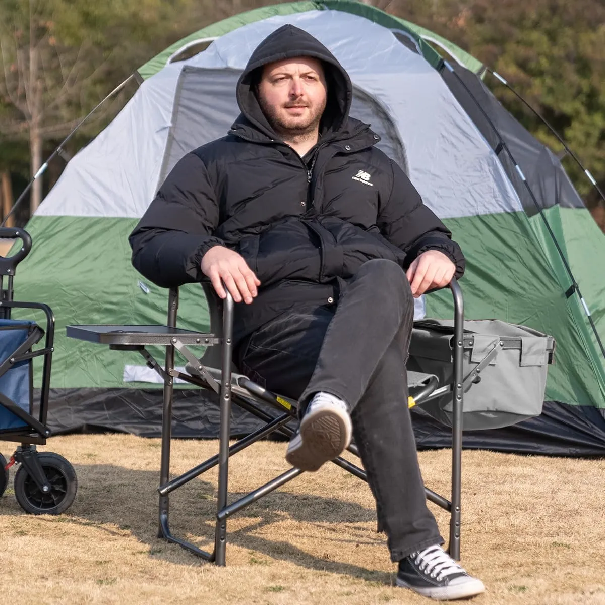 Director Camping Chair with Cooler Bag & Foldable Side Tray - 400lbs Heavy Duty Outdoor Folding Lawn Chair, Portable Camp Chair for Fishing/Backyard (Black & Gray)