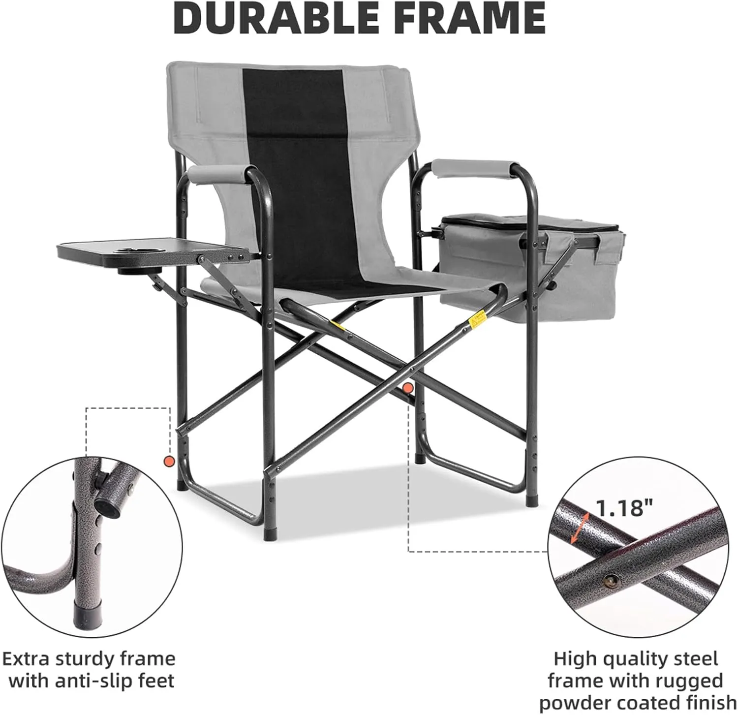 Director Camping Chair with Cooler Bag & Foldable Side Tray - 400lbs Heavy Duty Outdoor Folding Lawn Chair, Portable Camp Chair for Fishing/Backyard (Black & Gray)