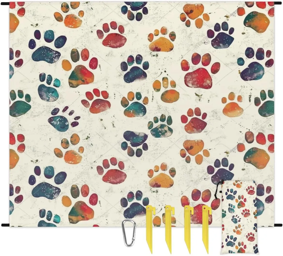 Dog Paw Print Pet Beach Blanket, Sandproof Beach Mat, Adults Waterproof Quick Drying Sand Free Mat with 4 x Ground Spikes for Outdoor Travel Camping Hiking, Puppy Cat Footprint