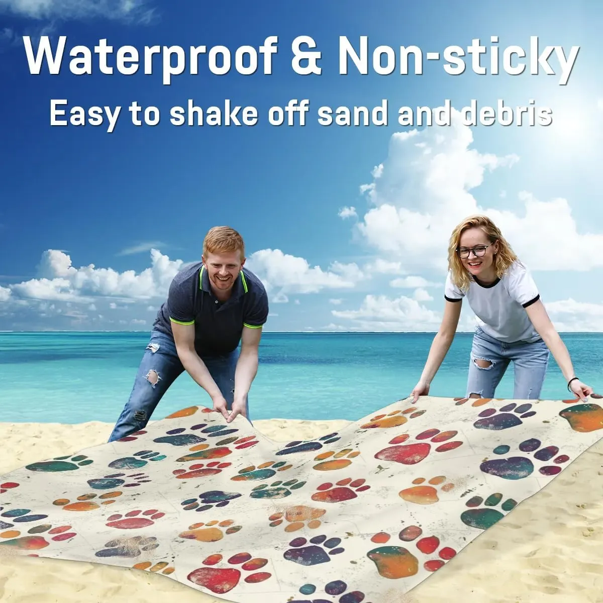 Dog Paw Print Pet Beach Blanket, Sandproof Beach Mat, Adults Waterproof Quick Drying Sand Free Mat with 4 x Ground Spikes for Outdoor Travel Camping Hiking, Puppy Cat Footprint