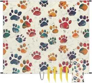 Dog Paw Print Pet Beach Blanket, Sandproof Beach Mat, Adults Waterproof Quick Drying Sand Free Mat with 4 x Ground Spikes for Outdoor Travel Camping Hiking, Puppy Cat Footprint