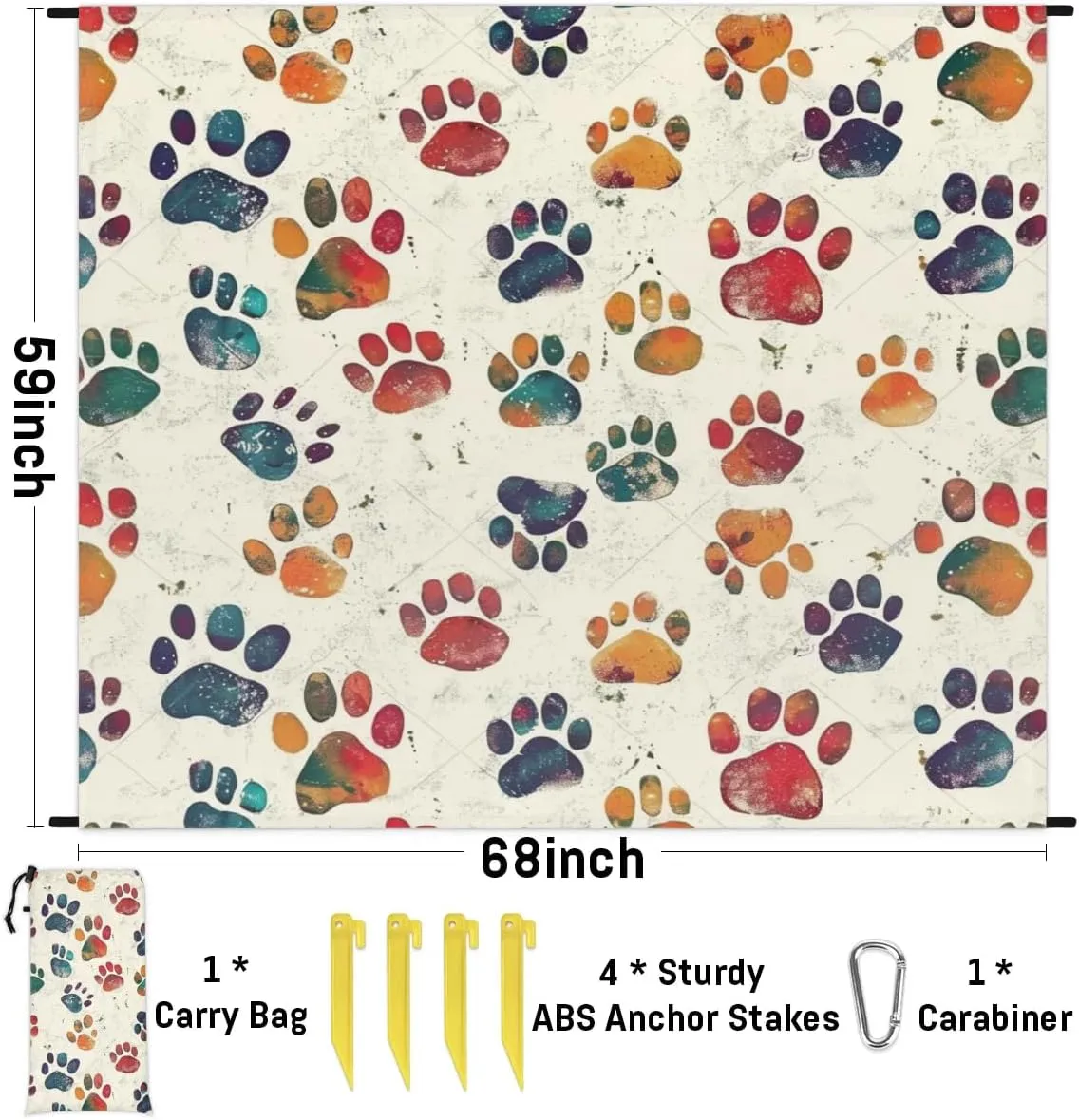Dog Paw Print Pet Beach Blanket, Sandproof Beach Mat, Adults Waterproof Quick Drying Sand Free Mat with 4 x Ground Spikes for Outdoor Travel Camping Hiking, Puppy Cat Footprint