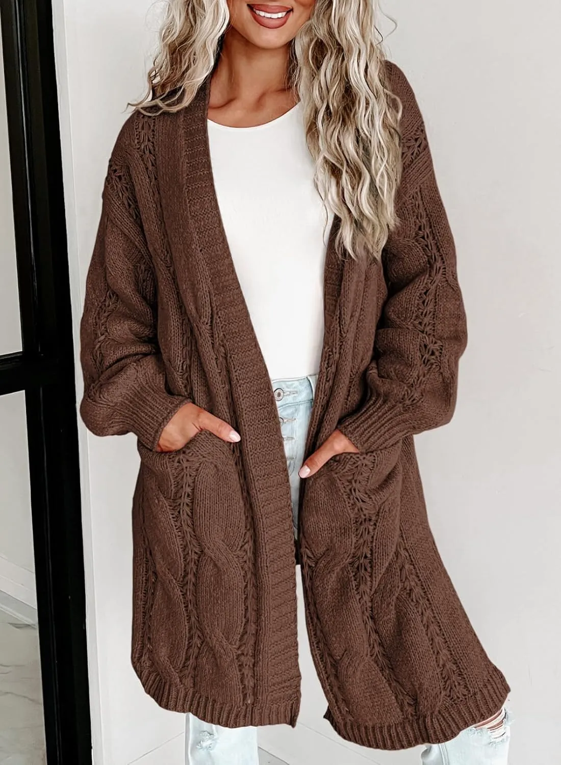 Dokotoo Long Cardigans for Women Open Front Long Sleeves Lightweight Fall Sweaters with Pockets