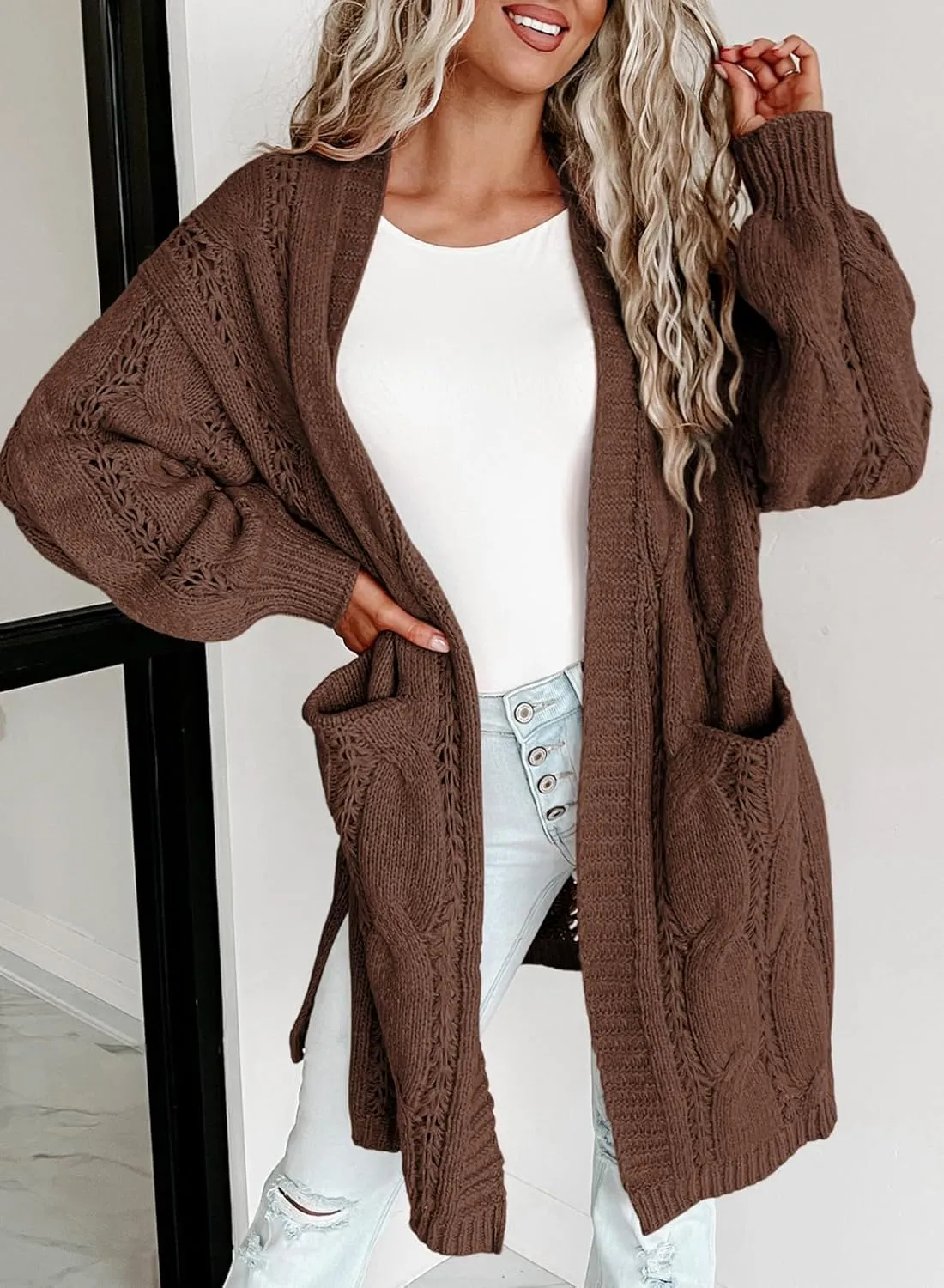 Dokotoo Long Cardigans for Women Open Front Long Sleeves Lightweight Fall Sweaters with Pockets