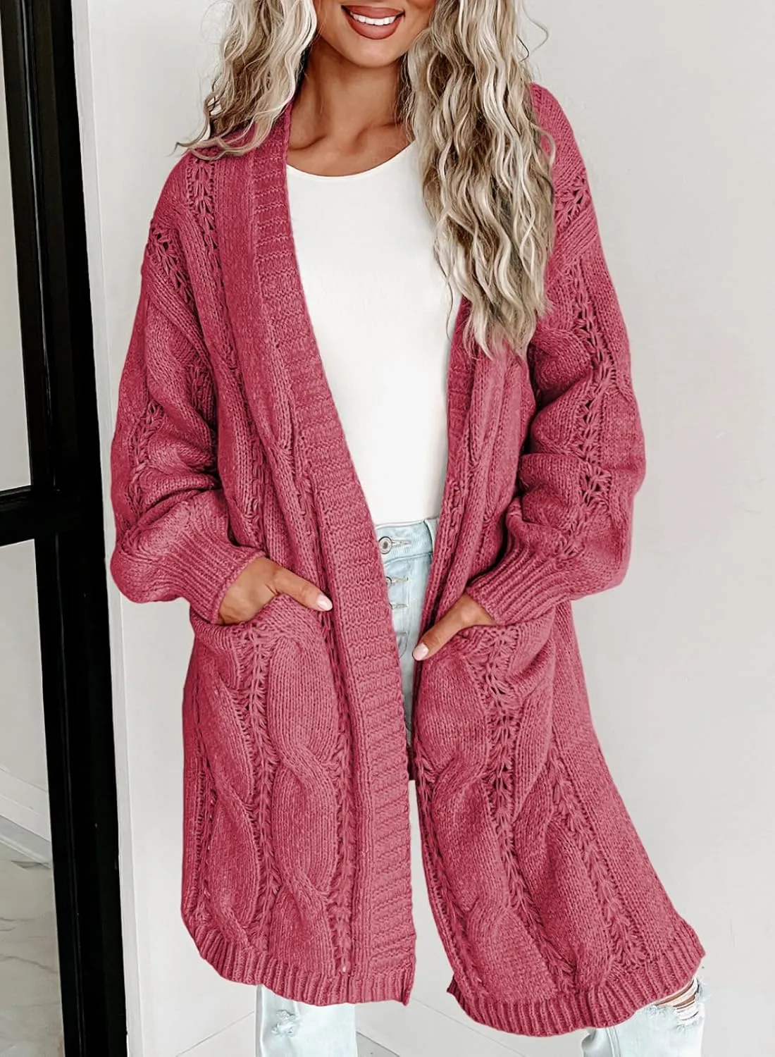 Dokotoo Long Cardigans for Women Open Front Long Sleeves Lightweight Fall Sweaters with Pockets