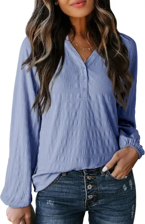 Dokotoo Womens Tops Dressy Casual Lantern Long Sleeve Shirts Fall Outfits Textured Business Blouses V Neck Button Down Shirts