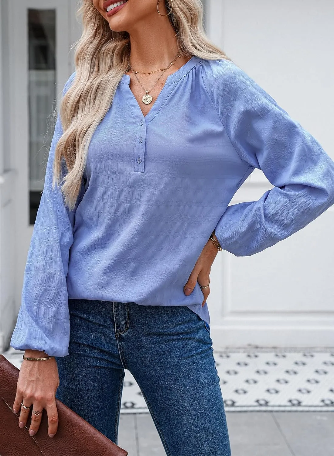 Dokotoo Womens Tops Dressy Casual Lantern Long Sleeve Shirts Fall Outfits Textured Business Blouses V Neck Button Down Shirts