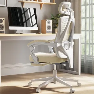 Dowinx Ergonomic Office Chair,Breathable Mesh Computer Chair with Pocket Spring Cushion,Comfy Desk Chair with Adjustable Lumbar Support and Headrest,Steel Base Swivel Task Chair with Footrest,Beige