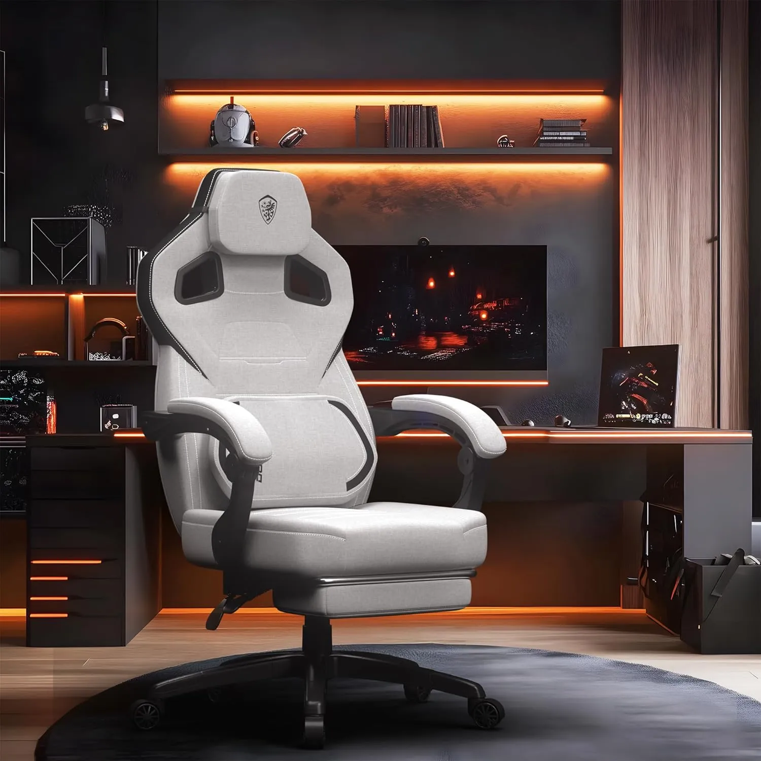 Dowinx Fabric Gaming Chair with Footrest, Big and Tall Gamer Chair with Lumbar Support, Wide Back Computer Chair for Heavy People, Grey