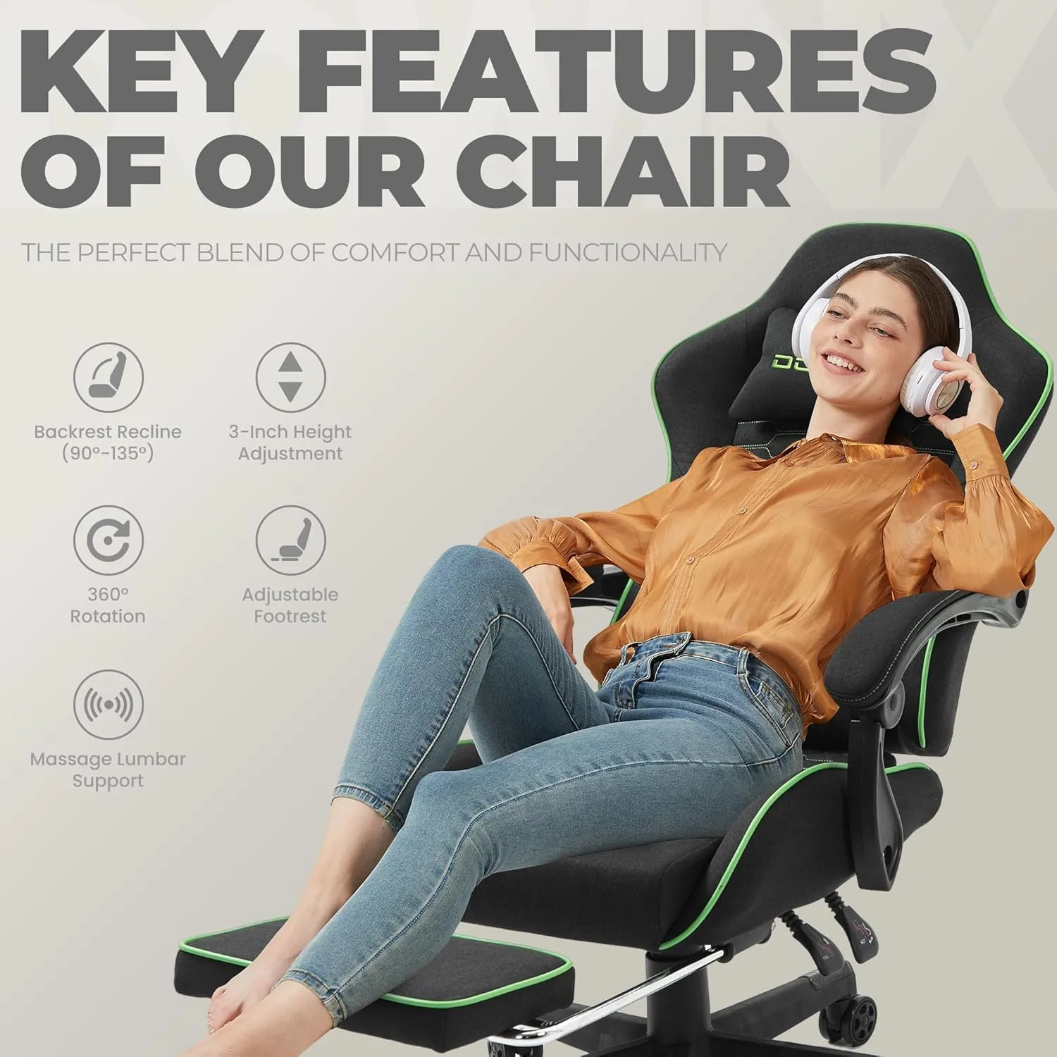Dowinx Gaming Chair Fabric with Pocket Spring Cushion, Massage Game Chair Cloth with Headrest, Ergonomic Computer Chair with Footrest 290LBS, Black Green