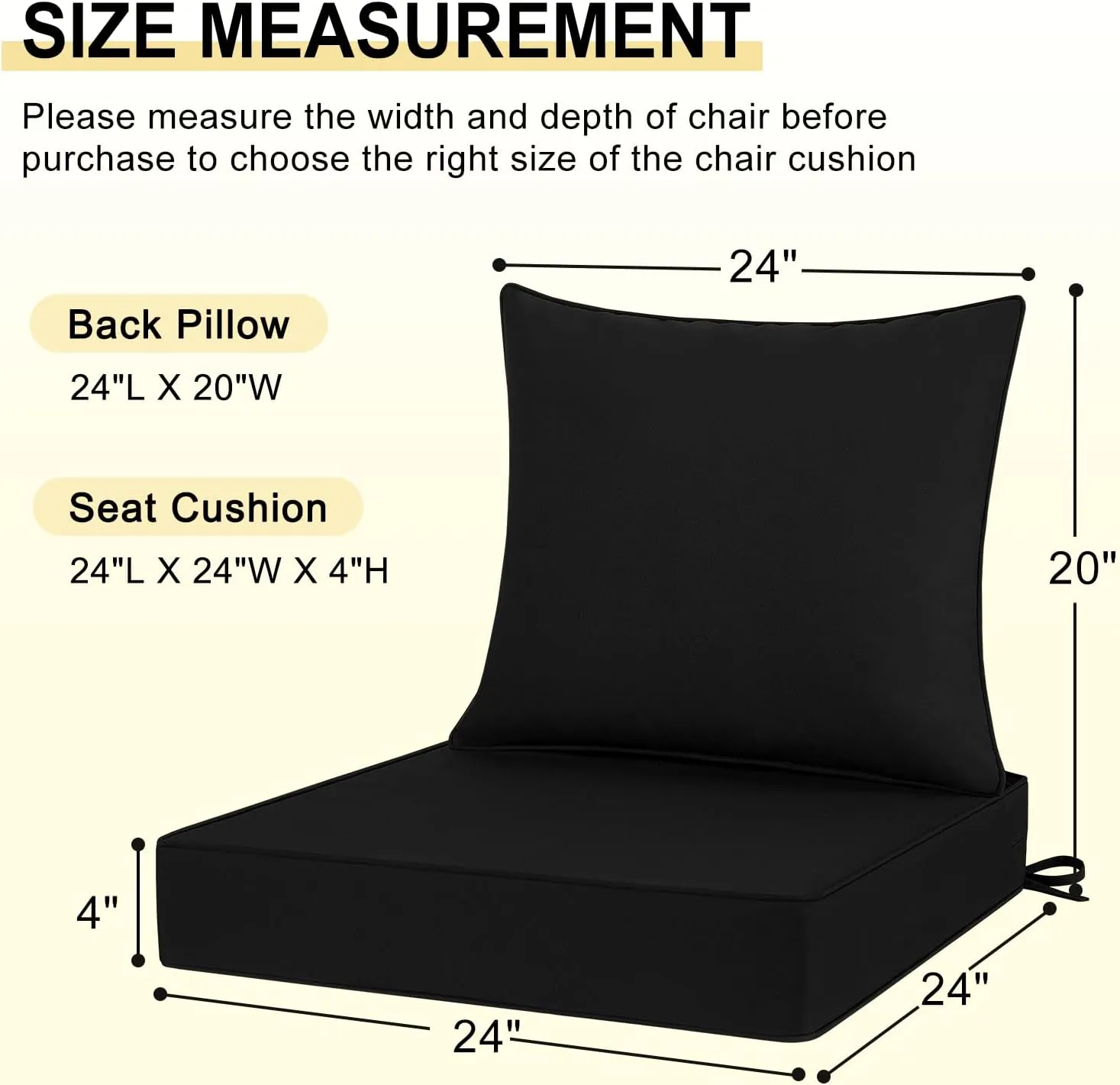 downluxe Waterproof Outdoor Chair Cushions 24x24, Outdoor Cushions for Patio Furniture with Removable Cover, Outdoor Deep Seat Patio Cushion Set with Backrest for Sofa, Couch and Patio Chairs, Black